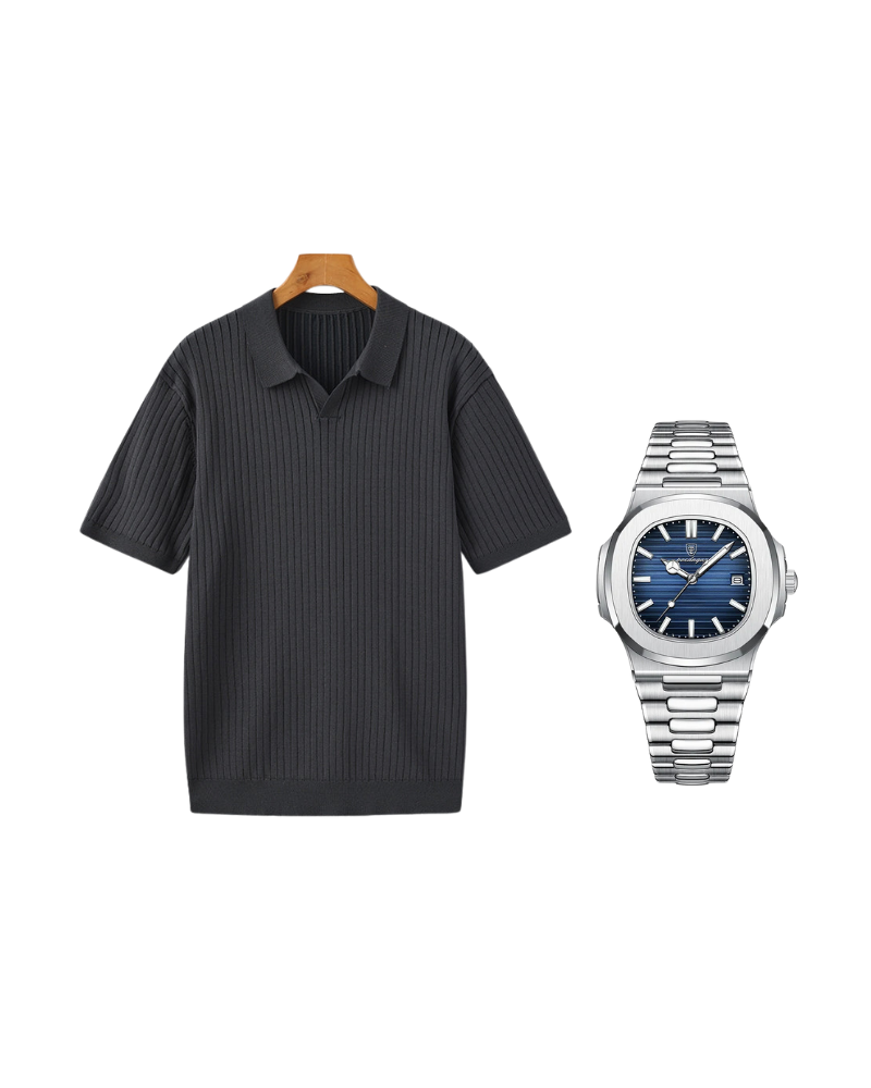 Men’s Bundle: Ribbed Cotton Polo + Poedagar Watch Premium