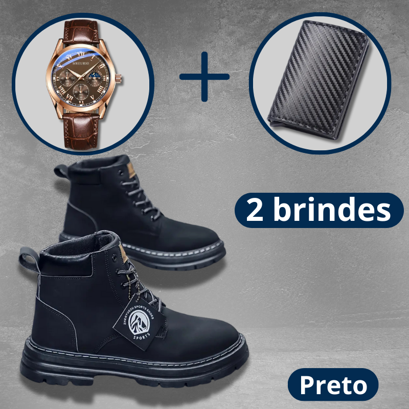 Bota de Couro Masculina Cano Alto + 2 Brindes: Relógio e carteira