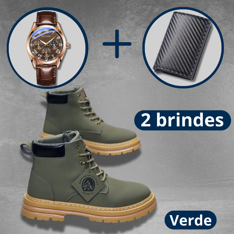 Bota de Couro Masculina Cano Alto + 2 Brindes: Relógio e carteira