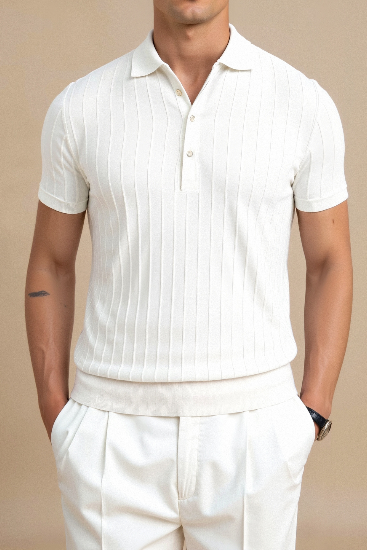 ertical Stripe Button-Up Polo