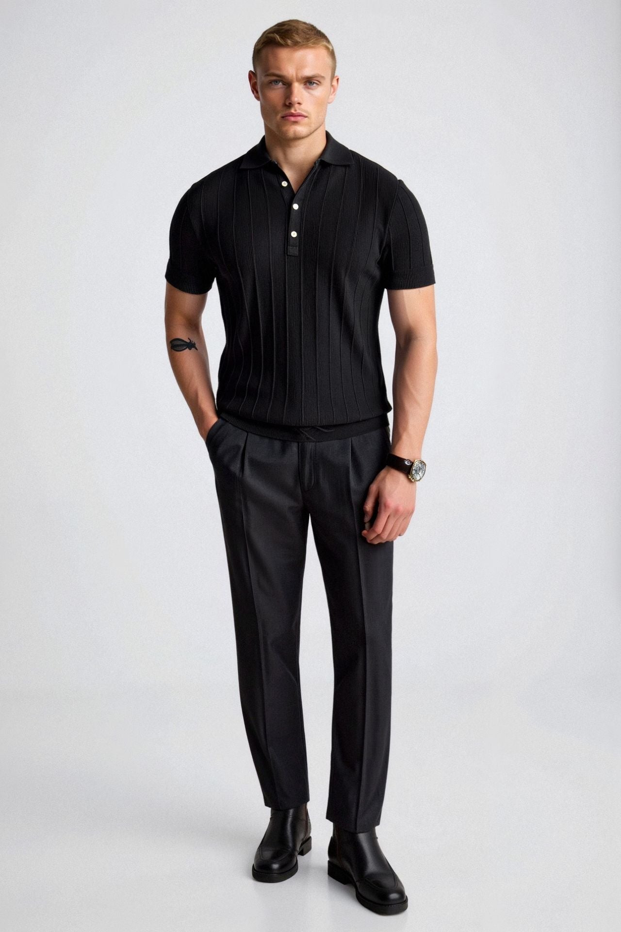 ertical Stripe Button-Up Polo