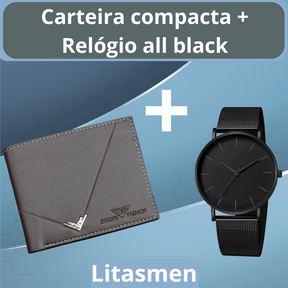 Carteira Masculina de Couro + Relógio All Black de brinde