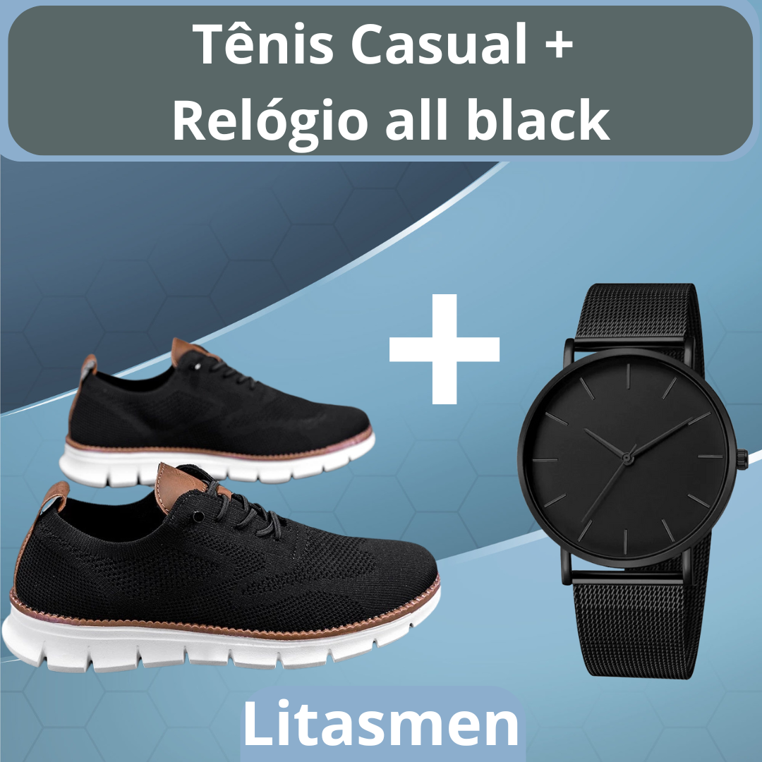 Tênis Casual  Masculino Respirável + Relógio All Black